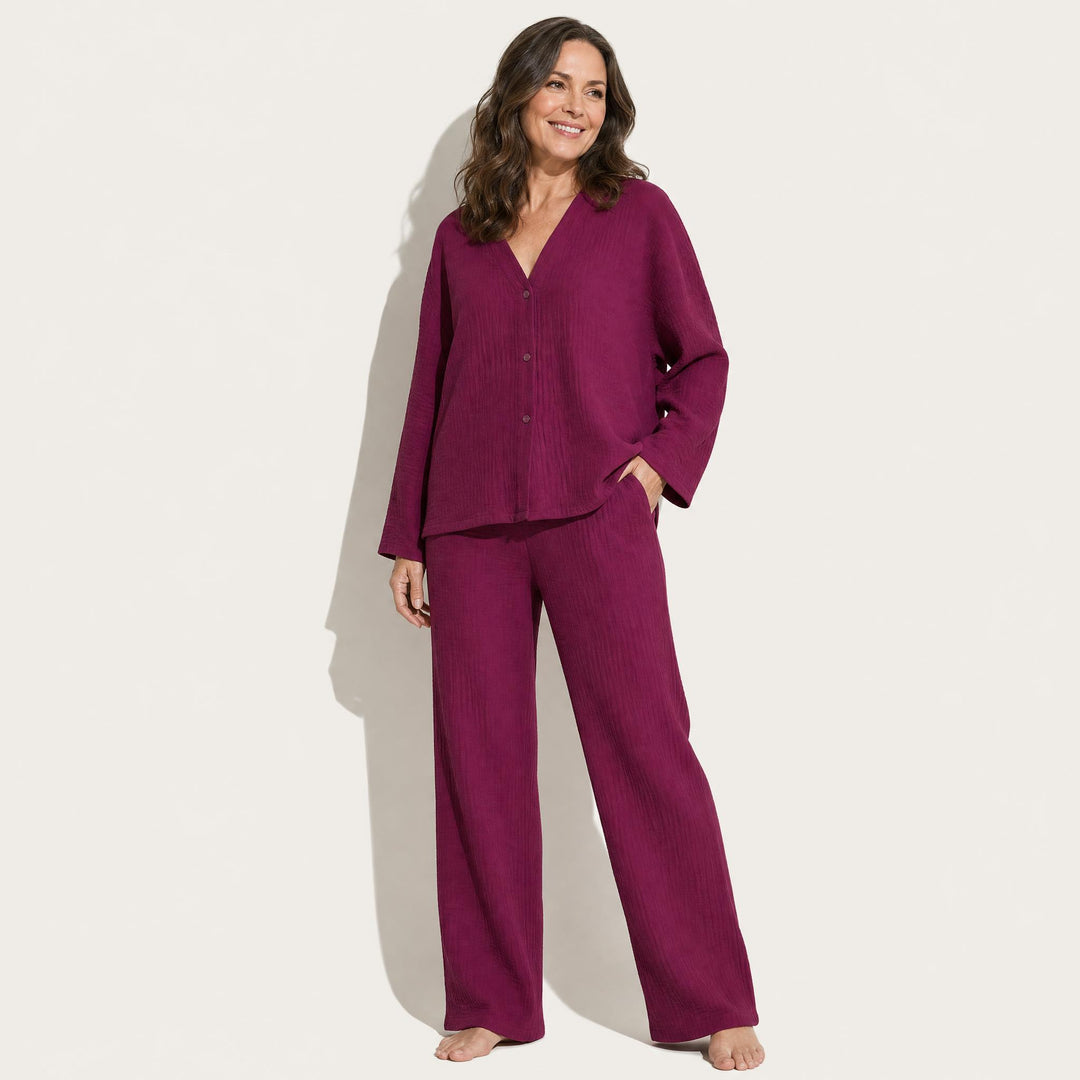 Wide-Leg Cotton Pajama Set - Button-Up