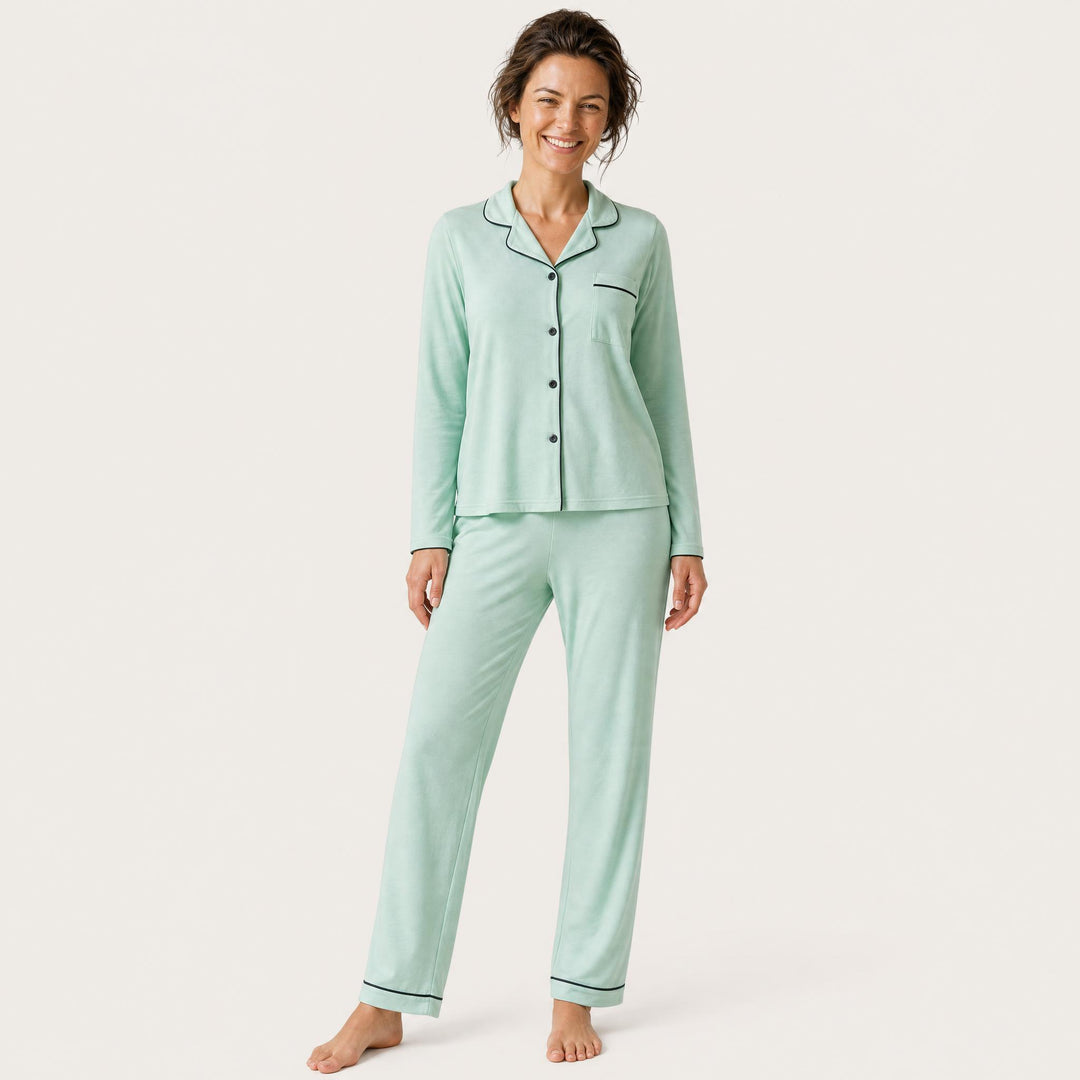 Piped Cotton Pajama Set - Long Sleeve