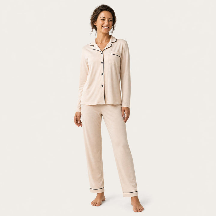 Piped Cotton Pajama Set - Long Sleeve