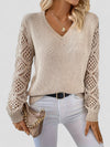 Women's V-Neck Sweater | Crochet-Sleeve Knitted Pullover