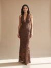 Women's Floral Sequin Maxi Dress | Deep V Halter Evening Gown