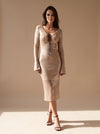 Women's Light Brown Sequin Maxi Dress | Long Sleeve V-Neck Gown